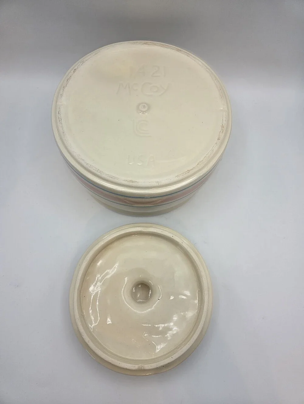 McCoy 1421 Pink & Blue Stripes Lidded Bean Pot Casserole - Picture 6 of 7